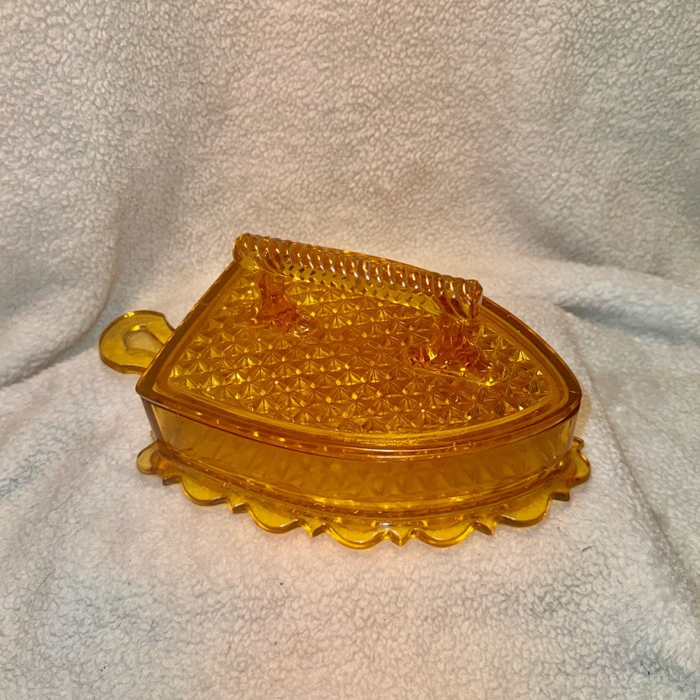 Vintage amber yelloww glass iron candy dish, butter server, or for trinkets